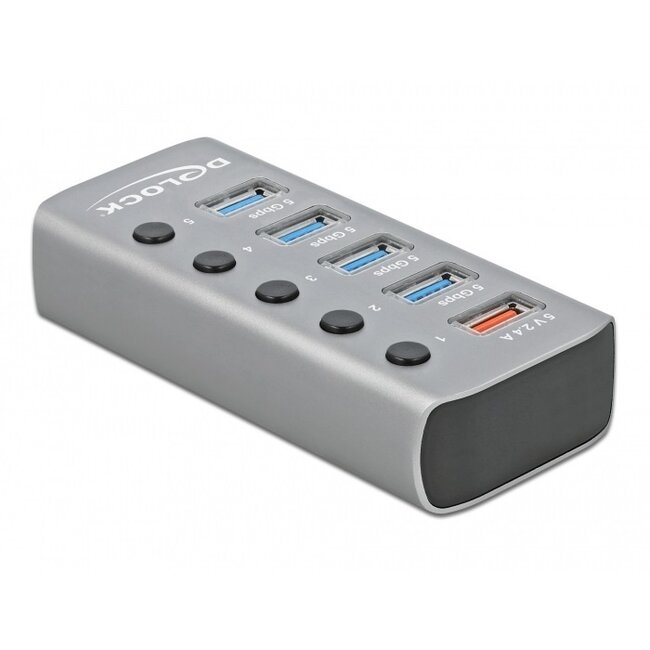 DeLOCK USB-Hub 4+1 Ports mit Ein/Aus-Schaltern - USB 3.0 - Externes 12V Netzteil / Grau - 0,80 m