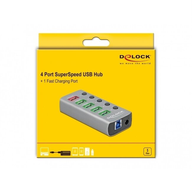 DeLOCK USB-Hub 4+1 Ports mit Ein/Aus-Schaltern - USB 3.0 - Externes 12V Netzteil / Grau - 0,80 m
