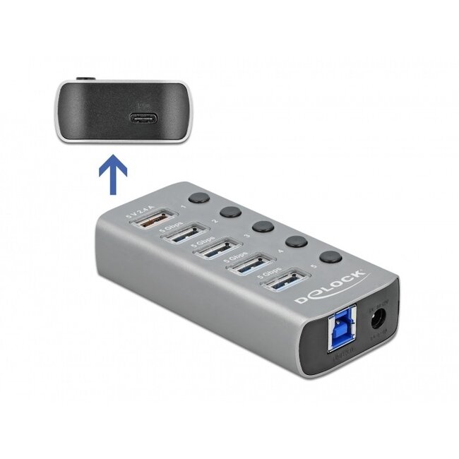 DeLOCK USB-Hub 4+2 Ports mit Schaltern - USB3.0 / PD 27W - Externes 12V Netzteil / Grau - 0,80 m