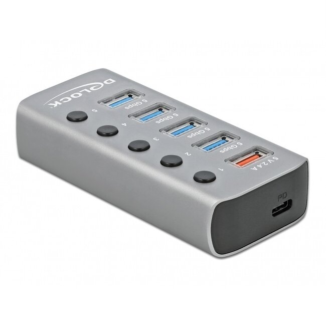 DeLOCK USB-Hub 4+2 Ports mit Schaltern - USB3.0 / PD 27W - Externes 12V Netzteil / Grau - 0,80 m