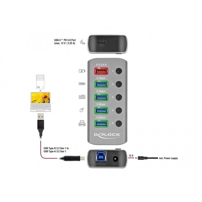 DeLOCK USB-Hub 4+2 Ports mit Schaltern - USB3.0 / PD 27W - Externes 12V Netzteil / Grau - 0,80 m