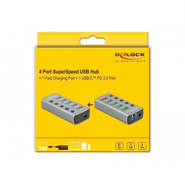 DeLOCK USB-Hub 4+2 Ports mit Schaltern - USB3.0 / PD 27W - Externes 12V Netzteil / Grau - 0,80 m