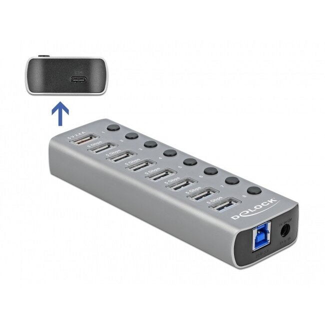 DeLOCK USB-Hub 7+2 Ports mit Ein/Aus-Schaltern - USB3.0 / PD 27W - Externes 12V Netzteil / Grau - 0,80 m