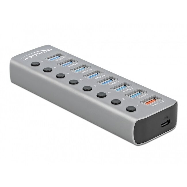 DeLOCK USB-Hub 7+2 Ports mit Ein/Aus-Schaltern - USB3.0 / PD 27W - Externes 12V Netzteil / Grau - 0,80 m