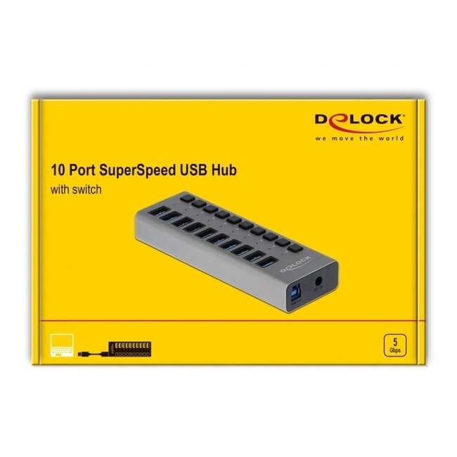 DeLOCK USB-Hub 10 Ports mit Ein/Aus-Schaltern - USB 3.0 - Externes 12V Netzteil / Grau - 1 Meter