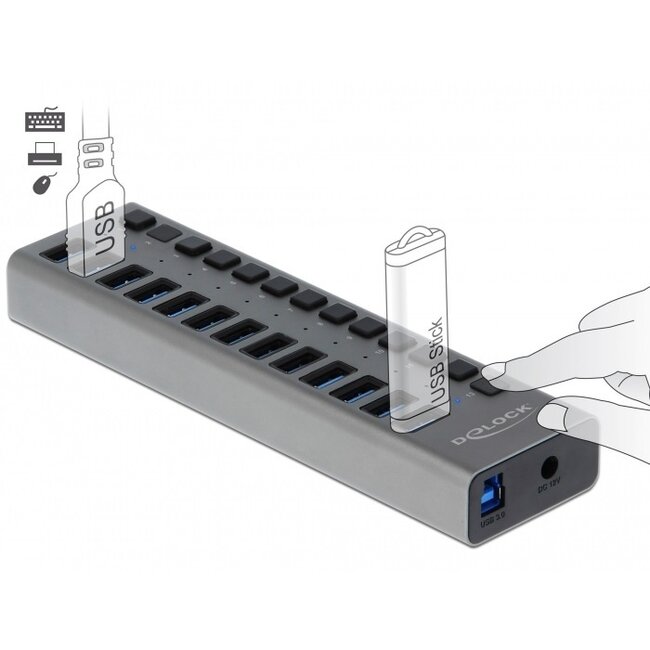 DeLOCK USB-Hub 13 Ports mit Ein/Aus-Schaltern - USB 3.0 - Externes 12V Netzteil / Grau - 1 Meter