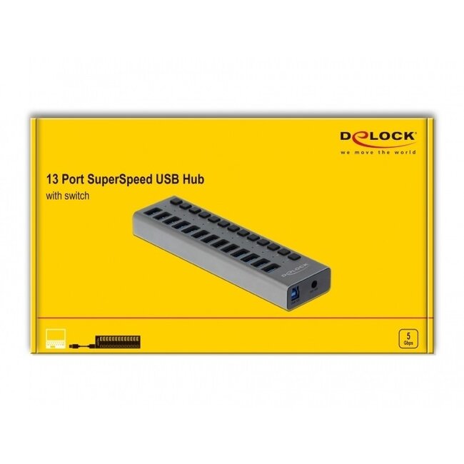 DeLOCK USB-Hub 13 Ports mit Ein/Aus-Schaltern - USB 3.0 - Externes 12V Netzteil / Grau - 1 Meter