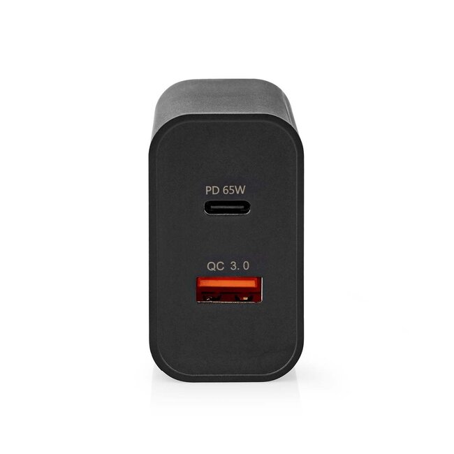 Nedis Heimladegerät 65W mit 1x USB-C PD & 1x USB-A Quick Charge 3.0 - Smart IC - Schwarz