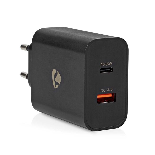 Nedis Heimladegerät 65W mit 1x USB-C PD & 1x USB-A Quick Charge 3.0 - Smart IC - Schwarz