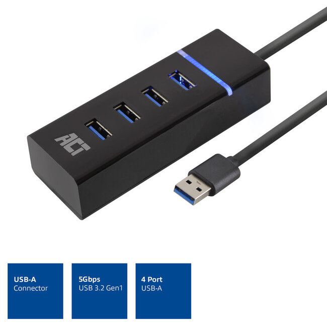 ACT USB 3.0 Hub 4 Ports - Buspowered / Schwarz - 0,50 m