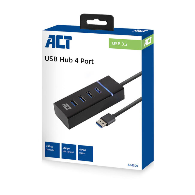 ACT USB 3.0 Hub 4 Ports - Buspowered / Schwarz - 0,50 m