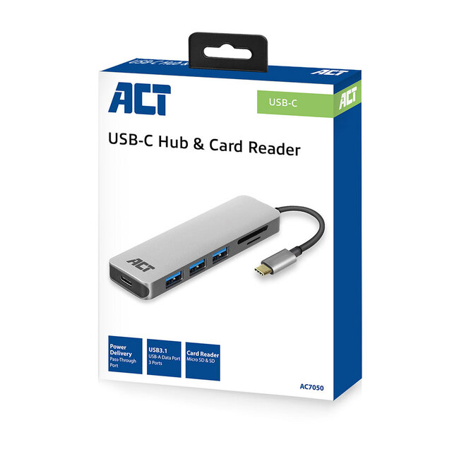 ACT USB-C Hub mit 3x USB-A, 1x USB-C PD 60W & Kartenleser – USB 3.0, Aluminium, 0,15 m