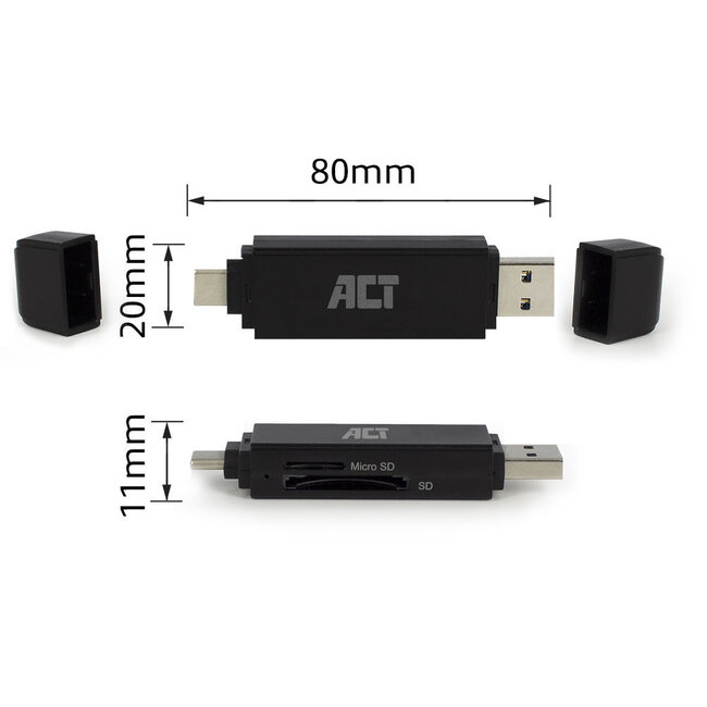 ACT USB-Kartenleser mit USB-C/USB-A und 2 Steckplätzen für (Micro) SD/TF/MMC - USB 3.0