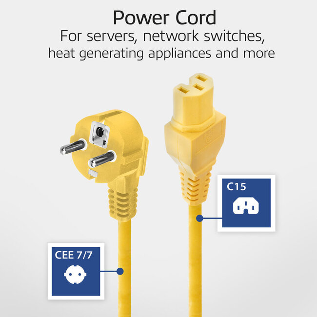 C15 (gerade) - CEE 7/7 (winklig) Stromkabel - 3x 0,75mm² Gummi / Gelb - 2 Meter
