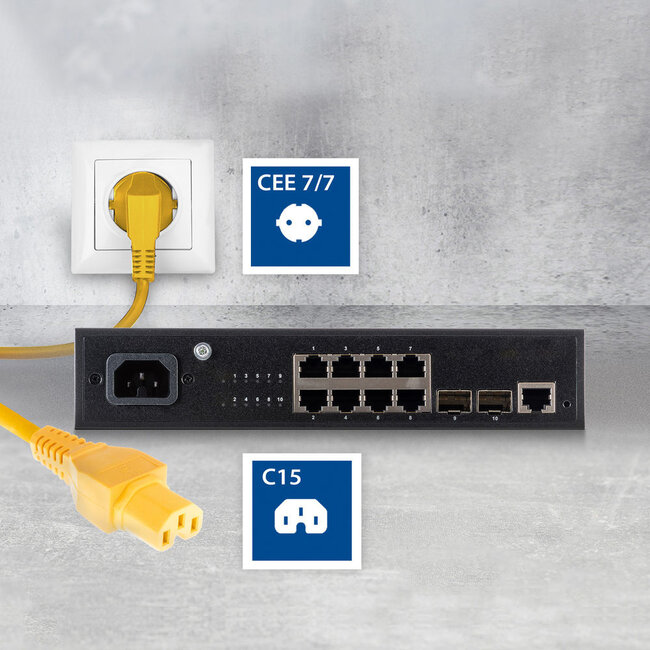 C15 (gerade) - CEE 7/7 (winklig) Stromkabel - 3x 0,75mm² Gummi / Gelb - 2 Meter