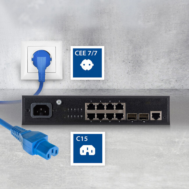 C15 (gerade) - CEE 7/7 (winklig) Stromkabel - 3x 0,75mm² Gummi / Blau - 2 Meter