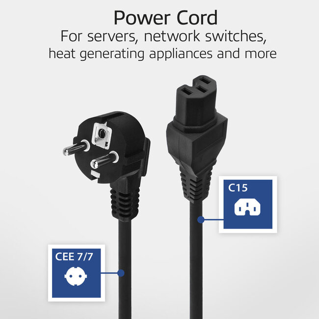 C15 (gerade) - CEE 7/7 (winklig) Stromkabel - 3x 0,75mm² Gummi / Schwarz - 1,5 m