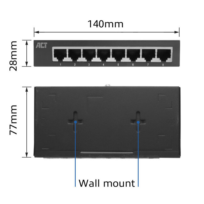ACT Gigabit Ethernet Switch 8 Ports - Metallgehäuse / Schwarz