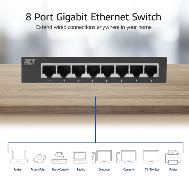 ACT Gigabit Ethernet Switch 8 Ports - Metallgehäuse / Schwarz