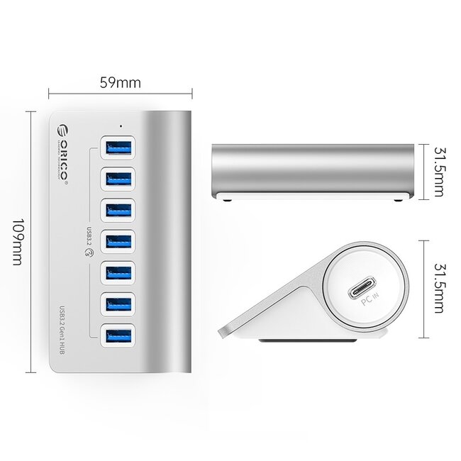 Orico USB-A/USB-C Desktop-Hub mit 7 USB-A Ports – busbetrieben – USB 3.1 (bis 10 Gbit/s) – Aluminium – 0,5 m