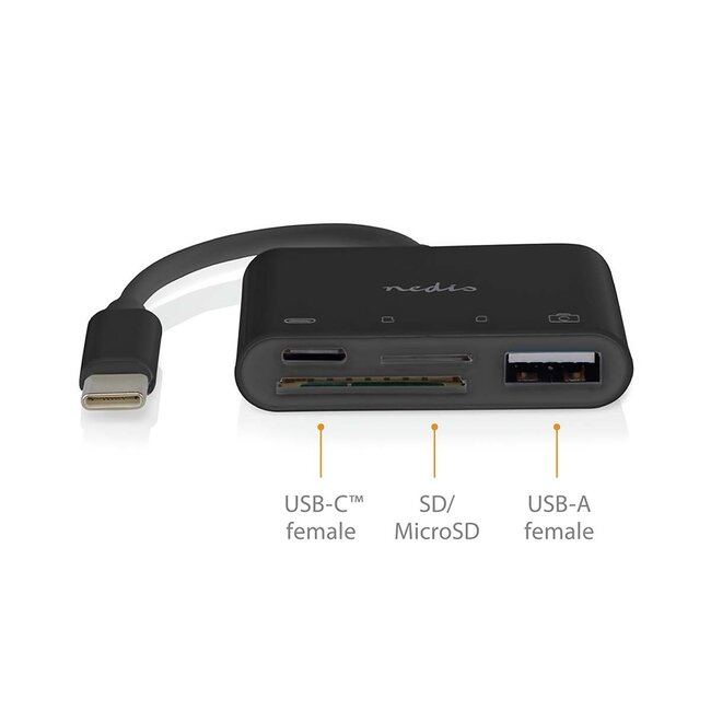 Nedis USB-C Hub mit 1x USB-A, 1x USB-C & Kartenleser - busbetrieben - USB 2.0 - schwarz - 0,10 m