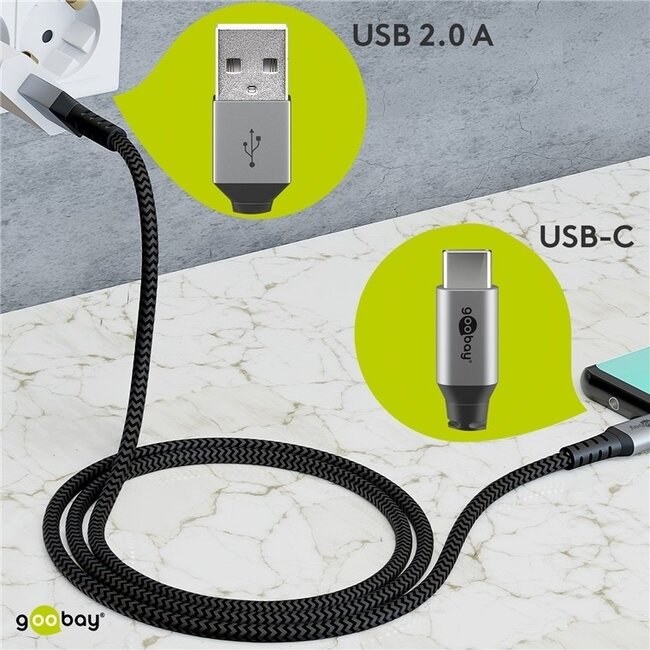 Goobay USB-C auf USB-A Kabel - USB 2.0 - bis 3A / Nylon - 2 Meter
