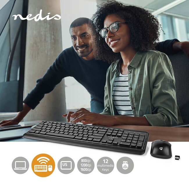 Nedis kabelloses Multimedia USB Tastatur- und Maus-Set - QWERTY (US) / Schwarz