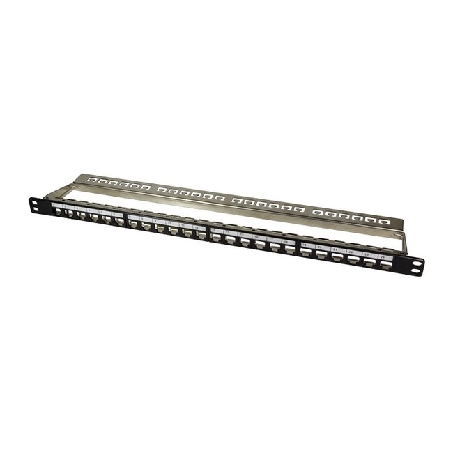 19 Zoll Patchpanel mit Kabelmanagement | 24 Keystone Module | 0,5U | Schwarz