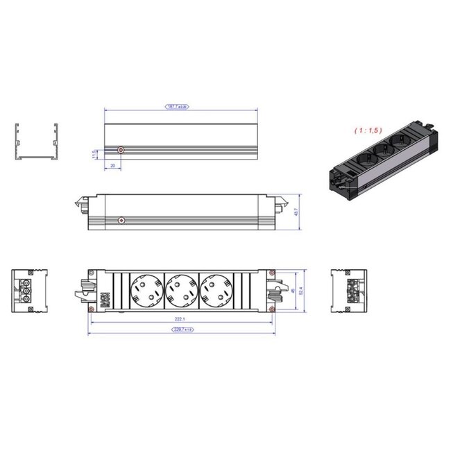 Bachmann Steckdosenleiste mit Wieland GST18® Installationsstecker, 3 Kontakte / Schwarz/Silber