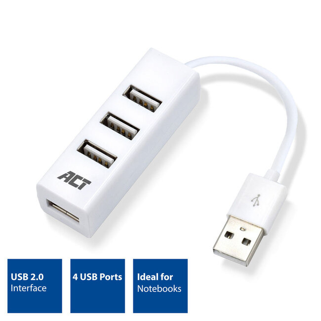 ACT USB-Hub 4 Ports USB 2.0 busbetrieben weiß 0,10 m
