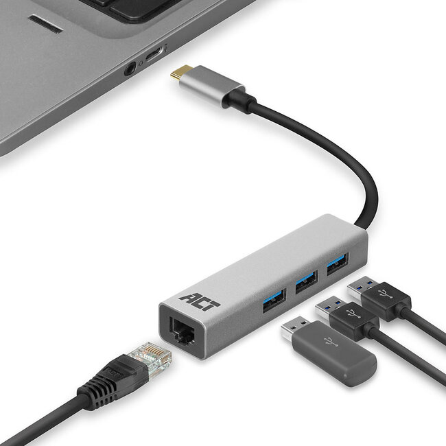 ACT USB-C zu RJ45 Gigabit LAN Adapter mit 3-Port USB3.0 Hub - CAT6 Aluminium - 0,15 m