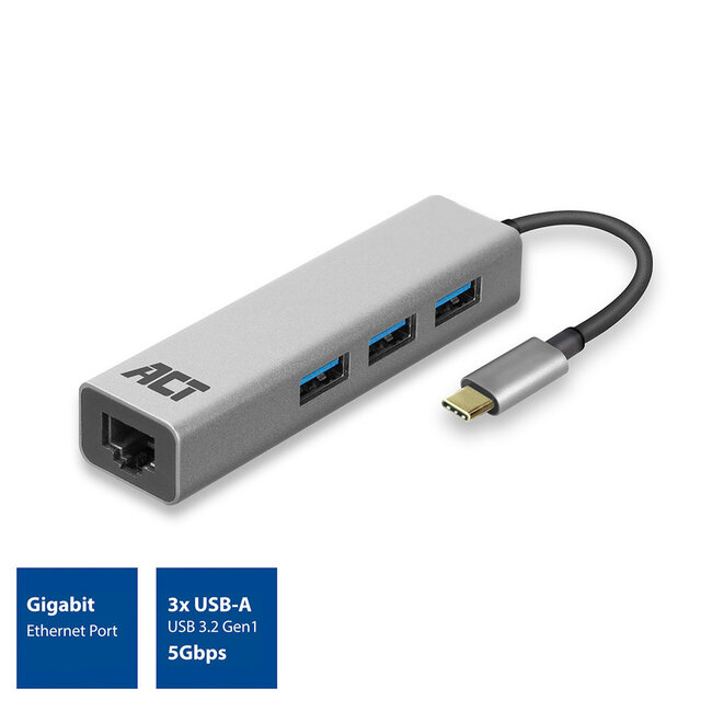 ACT USB-C zu RJ45 Gigabit LAN Adapter mit 3-Port USB3.0 Hub - CAT6 Aluminium - 0,15 m