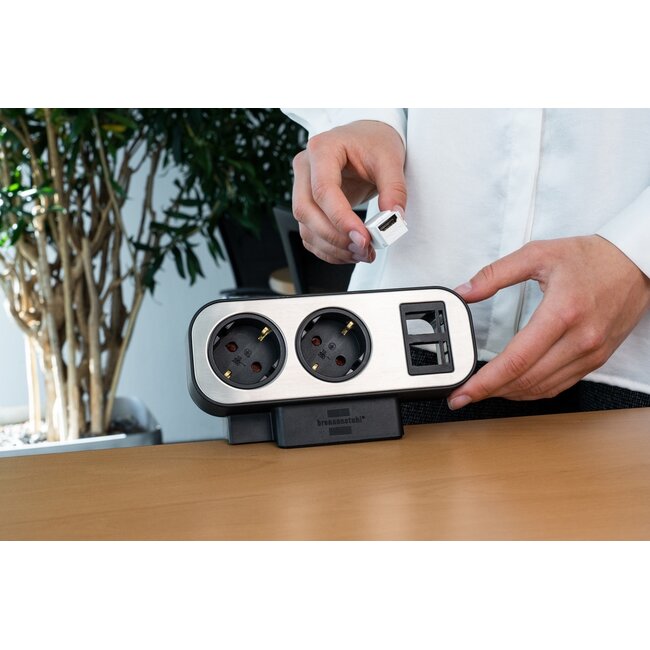 Brennenstuhl Estilo Steckdosenleiste 2+7 Kontakte, 2x Keystone, Überspannungsschutz, 2m, Schwarz/Grau