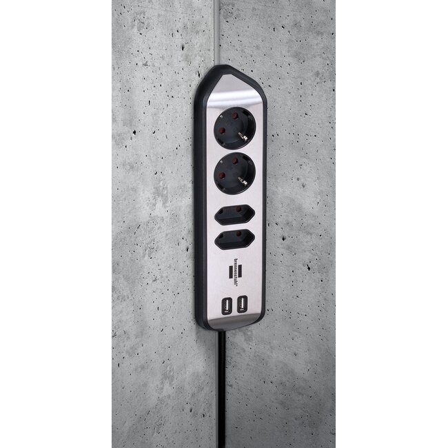 Brennenstuhl Estilo Steckdosenleiste 4-fach (2+2) mit 2x USB, Schwarz/Edelstahl, 2m