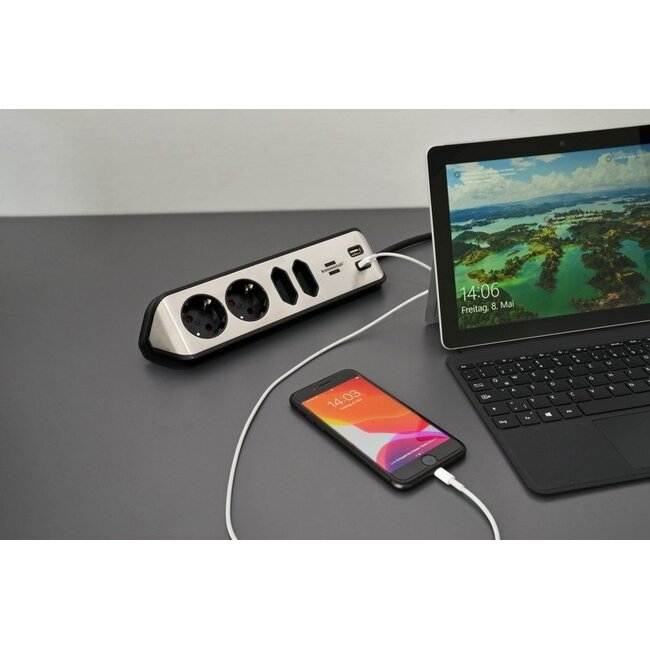 Brennenstuhl Estilo Steckdosenleiste 4-fach (2+2) mit 2x USB, Schwarz/Edelstahl, 2m