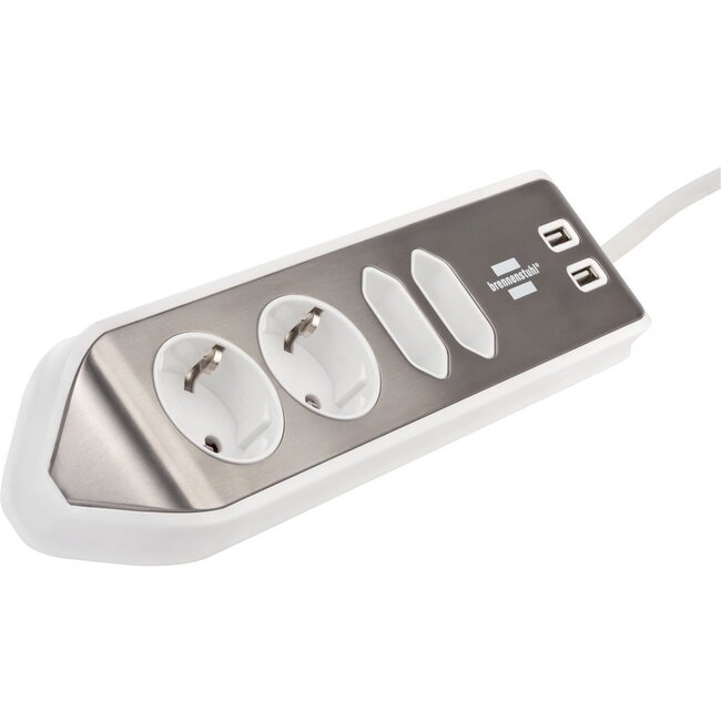 Brennenstuhl Estilo Winkel-Steckdosenleiste 4-fach (2+2) mit 2x USB, weiß/Edelstahl - 2 m