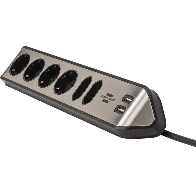 Brennenstuhl Estilo Winkel-Steckdosenleiste 6-fach (4+2) mit 2x USB, Schwarz/Edelstahl - 2m