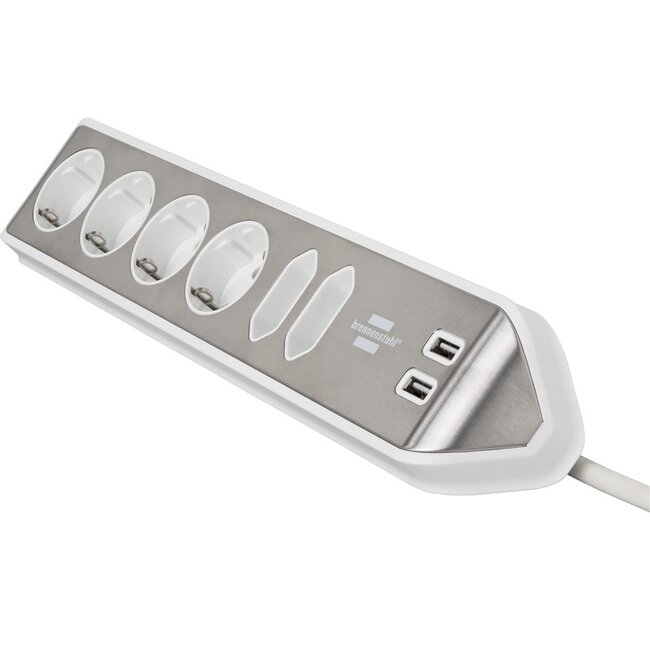 Brennenstuhl Estilo Winkel-Steckdosenleiste 6-fach (4+2) mit 2x USB, weiß/Edelstahl, 2 m