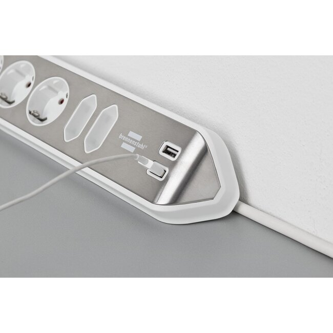 Brennenstuhl Estilo Winkel-Steckdosenleiste 6-fach (4+2) mit 2x USB, weiß/Edelstahl, 2 m