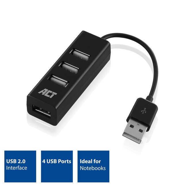 ACT USB-Hub 4 Ports USB 2.0 busbetrieben schwarz 0,10 m