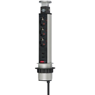 Brennenstuhl Brennenstuhl Tower Power Einbau-Steckdosenleiste 3-fach + 2x USB, Silber/Schwarz, 2m