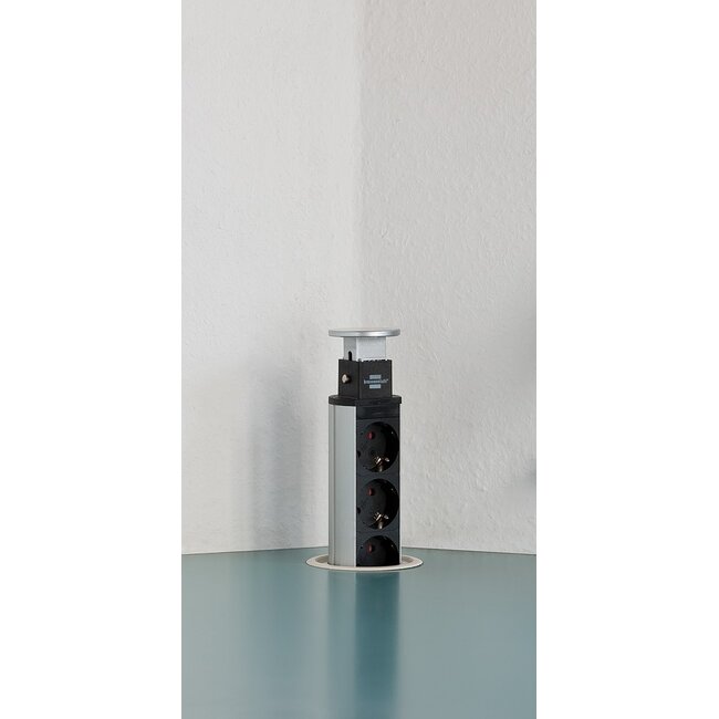 Brennenstuhl Tower Power Einbau-Steckdosenleiste 3-fach + 2x USB, Silber/Schwarz, 2m