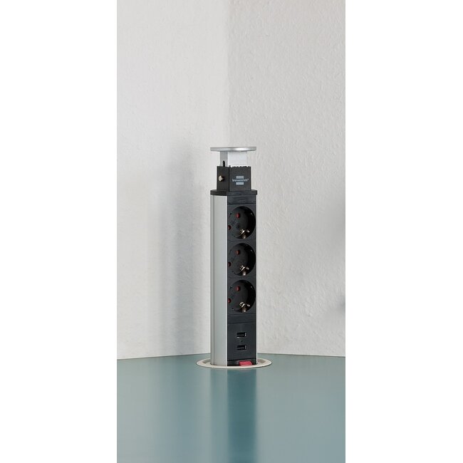 Brennenstuhl Tower Power Einbau-Steckdosenleiste 3-fach + 2x USB, Silber/Schwarz, 2m