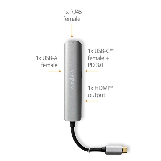 Nedis USB-C auf HDMI 4K 60Hz, USB-A, USB-C PD 100W & RJ45 Adapter Grau - 0,20 m