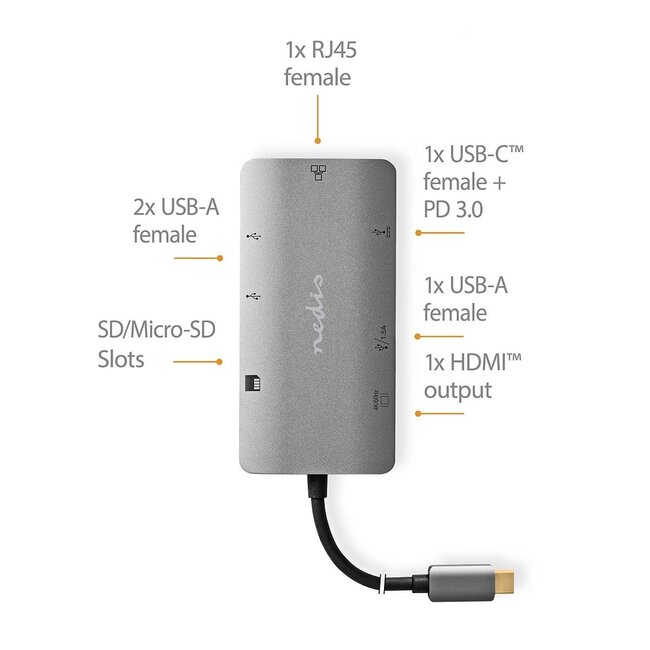 Nedis USB-C zu HDMI 4K 60Hz, USB-A, USB-C PD 100W, RJ45 & (Micro) SD Adapter / Grau - 0,20 m