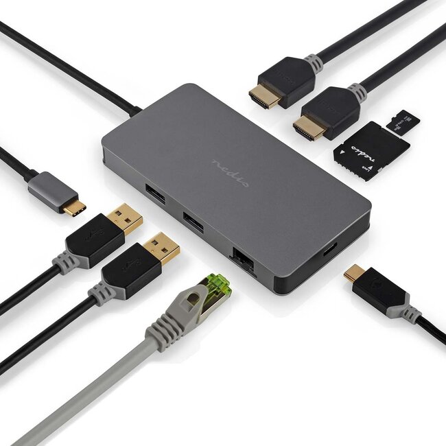 Nedis USB-C auf 2x HDMI 4K 30Hz, USB-A, USB-C PD 100W, RJ45 & (Micro) SD Adapter / Grau - 0,20 m