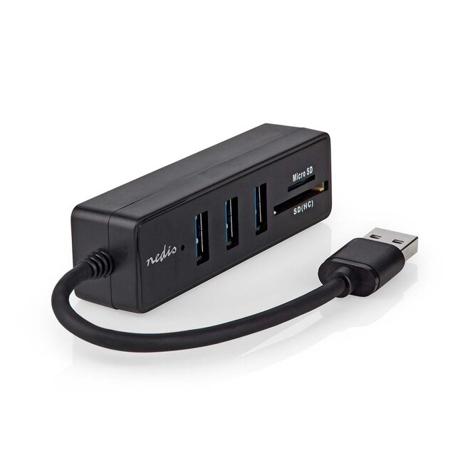 Nedis USB 3.0 Hub mit 3 Ports und Kartenleser – busbetrieben – schwarz – 0,15 m
