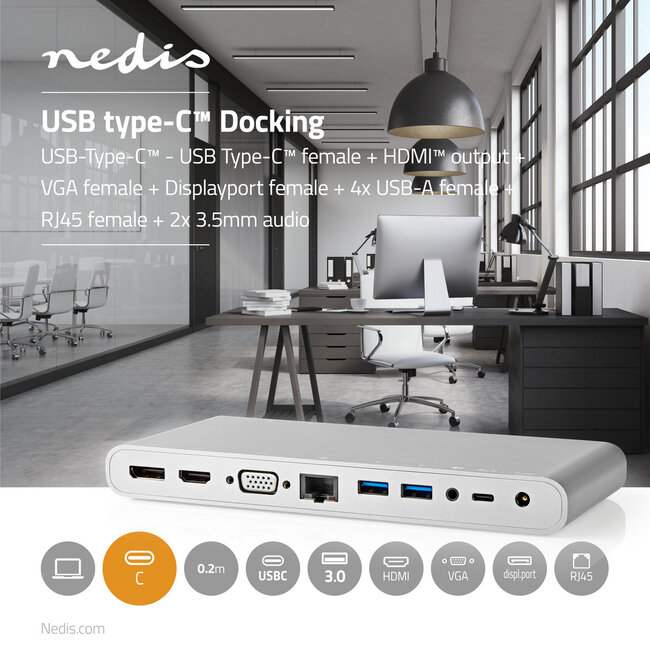 Nedis Premium USB-C Dockingstation mit HDMI, DisplayPort, VGA, 3,5mm, RJ45, USB-A & USB-C, DP Alt Mode, Aluminium - 0,20 m