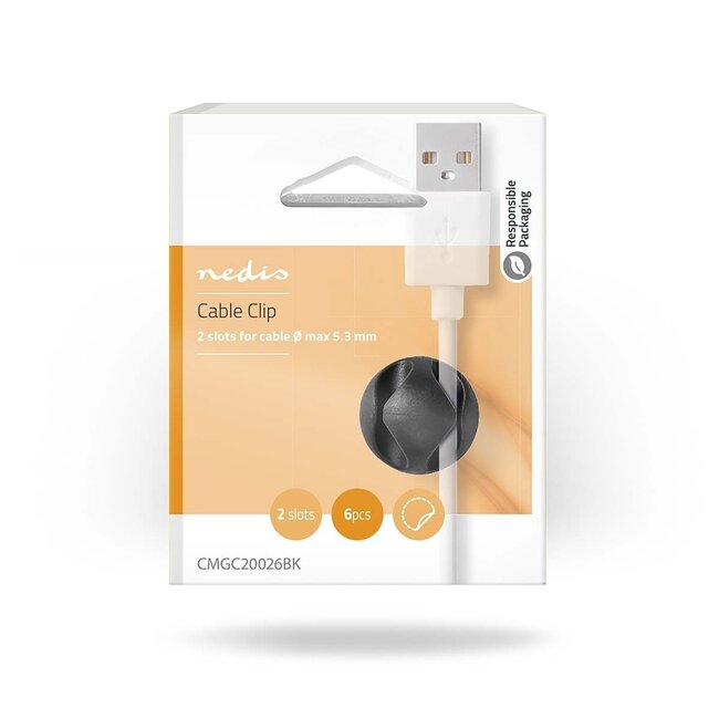 Nedis Selbstklebende Kabelhalter für 2 Kabel - 6 Stück / Schwarz