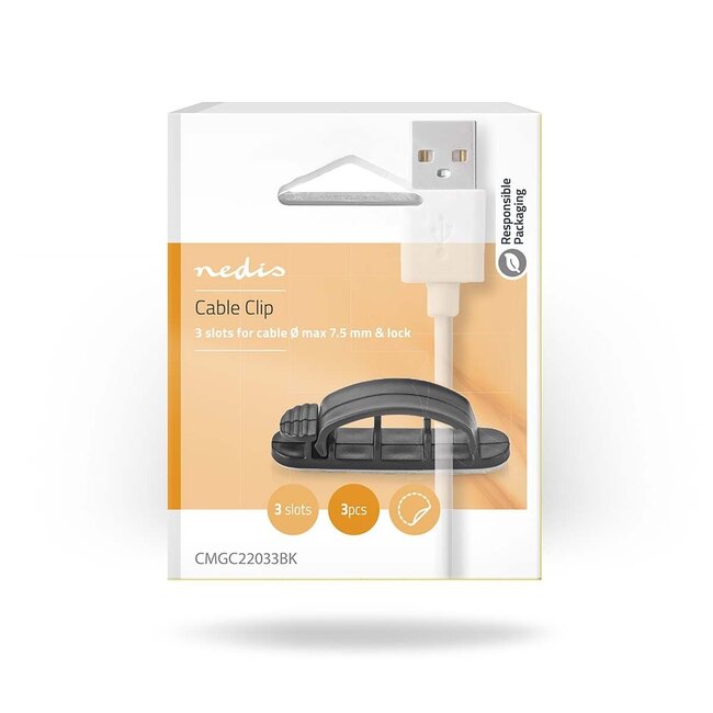 Nedis selbstklebende Kabelhalter für 3 Kabel mit Verriegelung - 3 Stück / Schwarz
